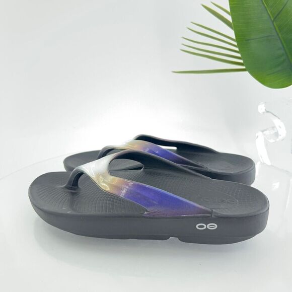 Oofos Women's OOlala Sandal Size 9 Recovery Thong Slide Calypso Black Shoe - Picture 4 of 11